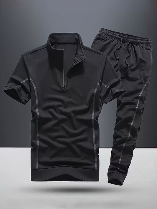 Տղամարդու նորաձև գծավոր առօրյա կոստյում, 2 հատ ոճային, կանգնած օձիքով, կայծակաճարմանդով, շնչող հագուստ, կարճ թևքերով մարզաշապիկ և լարով տաբատ՝ ամառային հագուստի համար