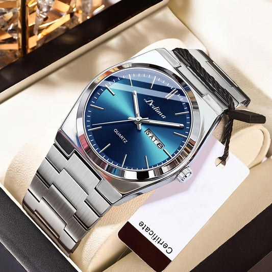 Elegant Men's Quartz Watch with Stainless Steel Band, Rivet Detail, and Dual Calendar - Non-Rechargeable Button Battery Included, DEDIMA