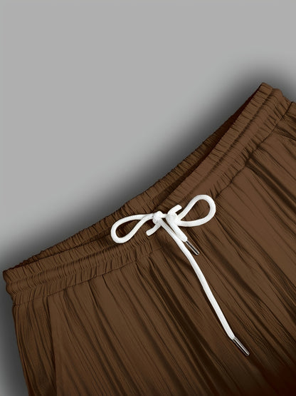 2-Piece Men's Summer Striped Polyester Suit, Short Sleeve Stand Collar Shirt and Drawstring Pants, Non-Stretch Fabric, Suitable for Casual Wear and Beach Vacation, Solid Color