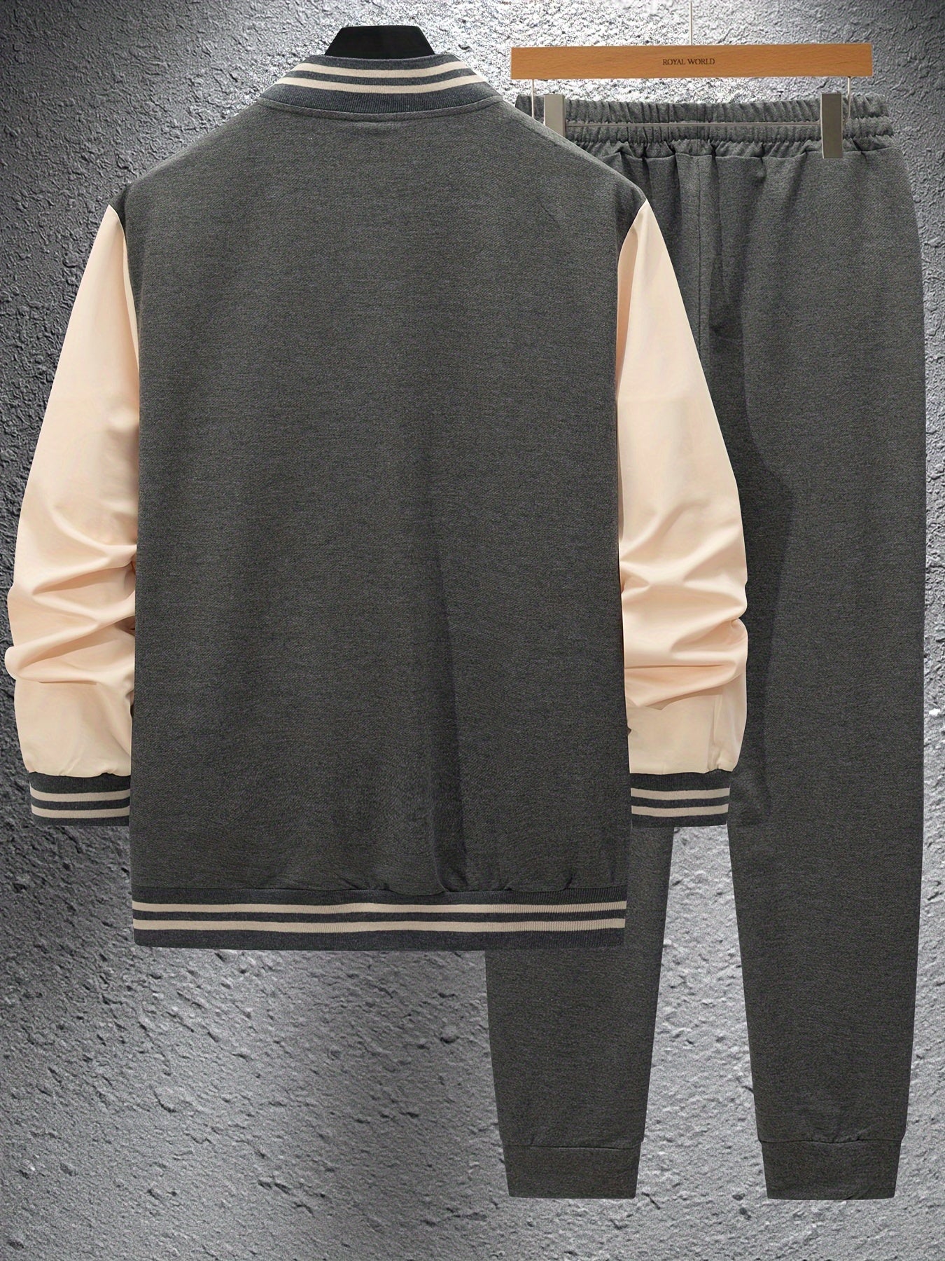 Տղամարդու ամենօրյա բեյսբոլի օձիքով բաճկոնի և տաբատի հավաքածու, գունային բլոկներով երկար թևքերով սվիտեր և սպորտային տաբատ, պոլիեսթերից հյուսված կոստյում կոճակներով, գարուն/աշուն հավաքածու