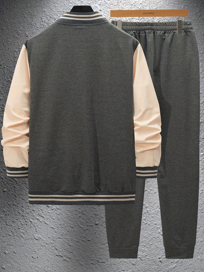 Տղամարդու ամենօրյա բեյսբոլի օձիքով բաճկոնի և տաբատի հավաքածու, գունային բլոկներով երկար թևքերով սվիտեր և սպորտային տաբատ, պոլիեսթերից հյուսված կոստյում կոճակներով, գարուն/աշուն հավաքածու