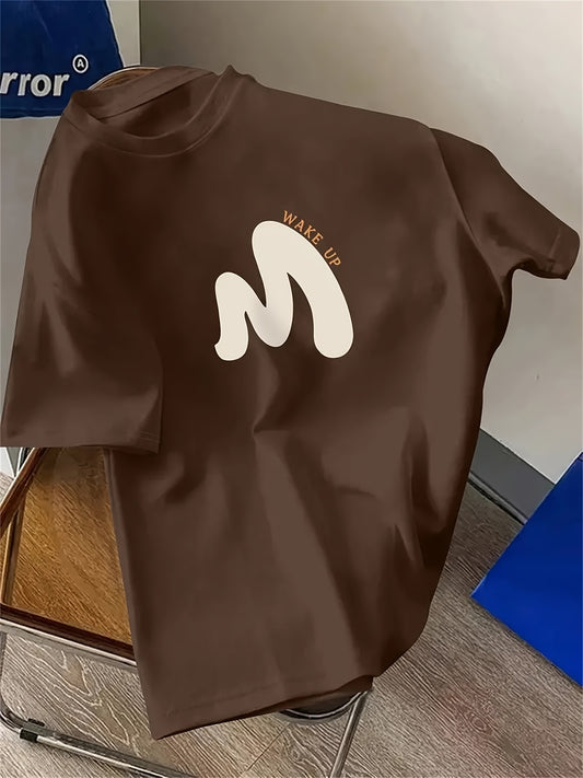 "WAKE UP" Graphic Tee - Comfortable Casual Brown Short Sleeve Crewneck T-Shirt with White Print, Summer Wear - ayq