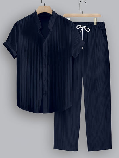 2-Piece Men's Summer Striped Polyester Suit, Short Sleeve Stand Collar Shirt and Drawstring Pants, Non-Stretch Fabric, Suitable for Casual Wear and Beach Vacation, Solid Color