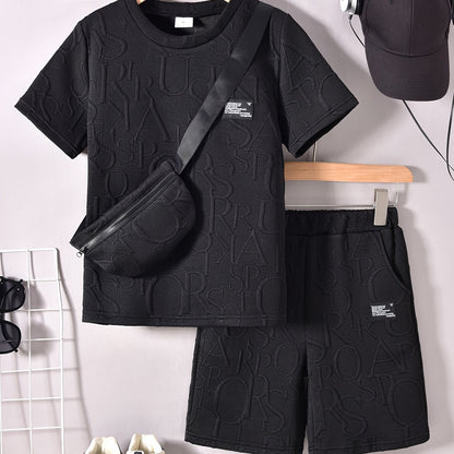 Տղաների համար նախատեսված ոճային սպիտակ կարճ թևքով մարզաշապիկ + առօրյա շորտեր + նորաձև կրծկալով պայուսակի հավաքածու, իդեալական է բացօթյա օգտագործման համար