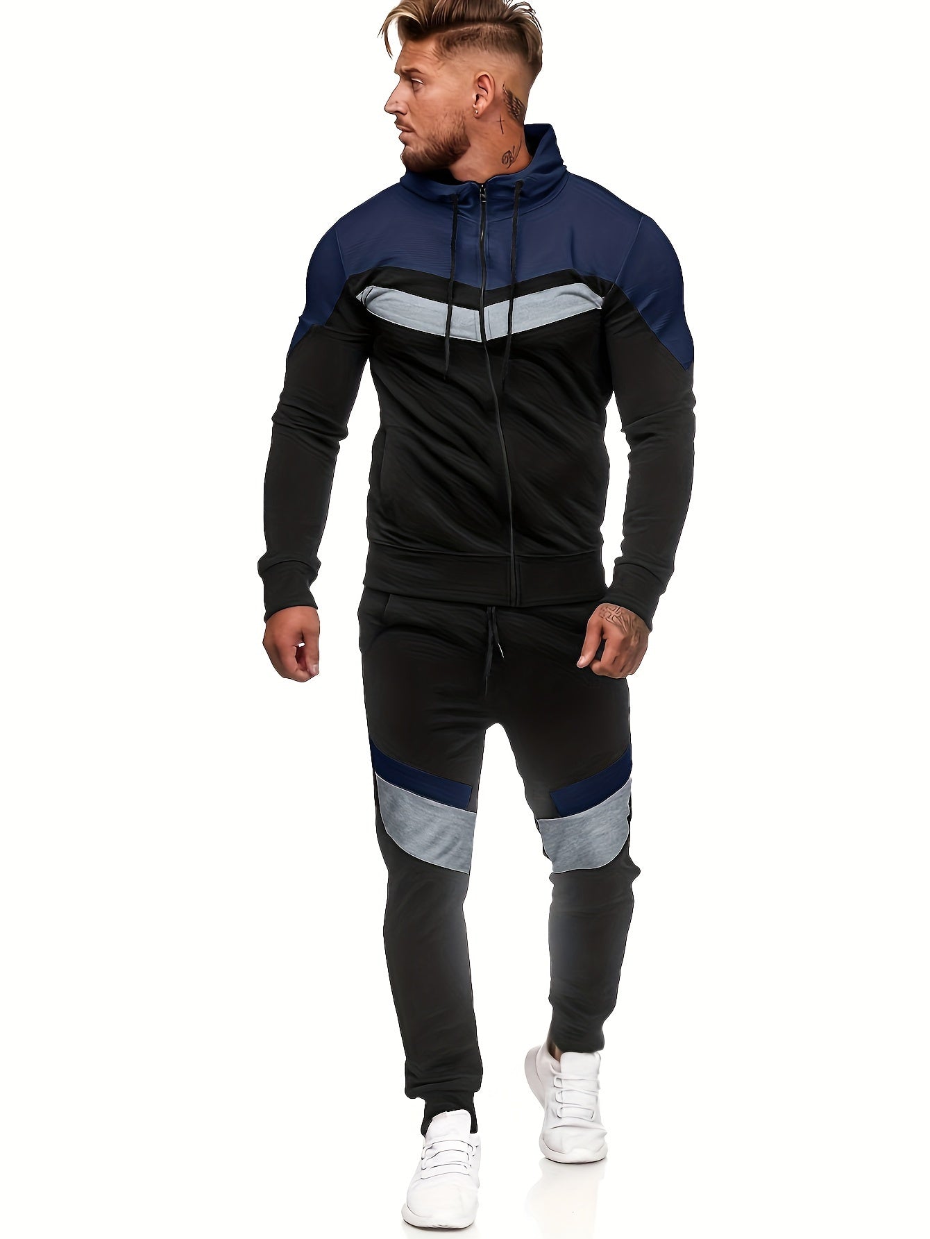 Տղամարդու աշնանային և ձմեռային բրդյա սվիտերի հավաքածու՝ գլխարկով և լարով, պատչվորք սպորտային տաբատով, առօրյա, սպորտային ոճի երկար թևքով բաճկոնով