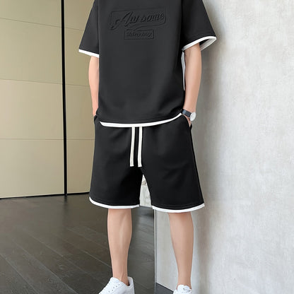 Men's Casual Fashion Sportswear Set - Light Gray "DREAMS" Print T-Shirt & Shorts, 100% Polyester, Machine Washable, Summer Outfit - ayq