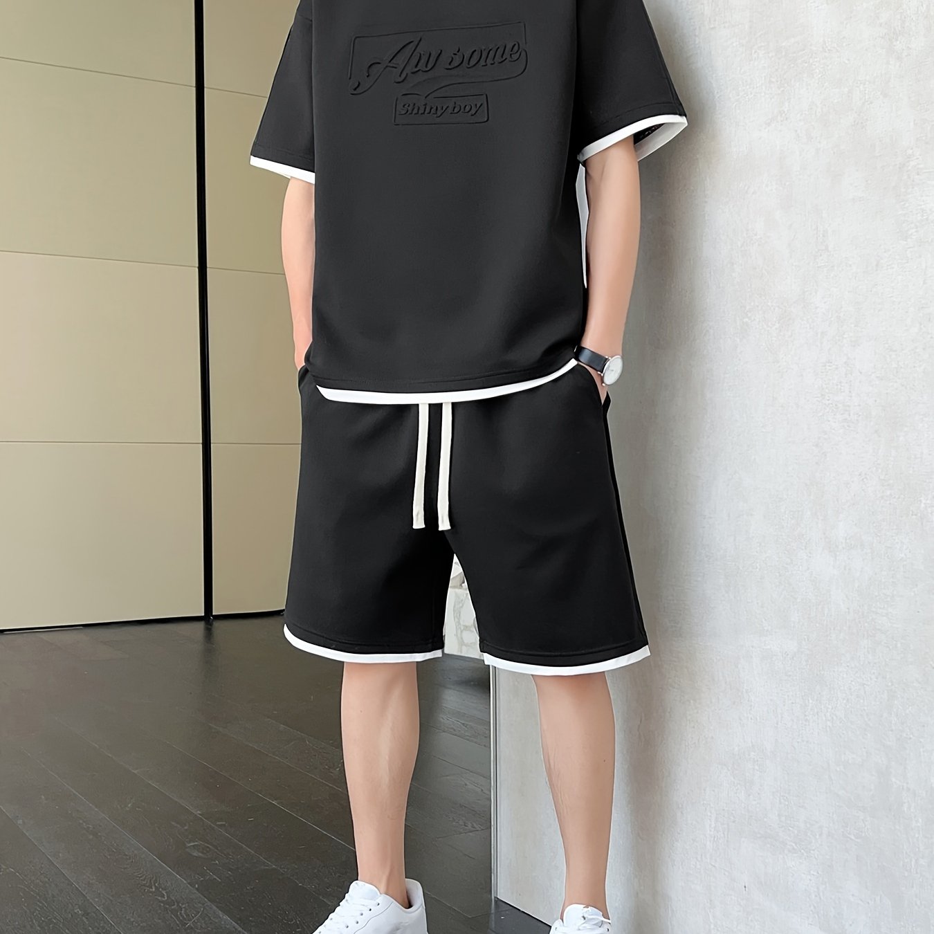 Men's Casual Fashion Sportswear Set - Light Gray "DREAMS" Print T-Shirt & Shorts, 100% Polyester, Machine Washable, Summer Outfit - ayq