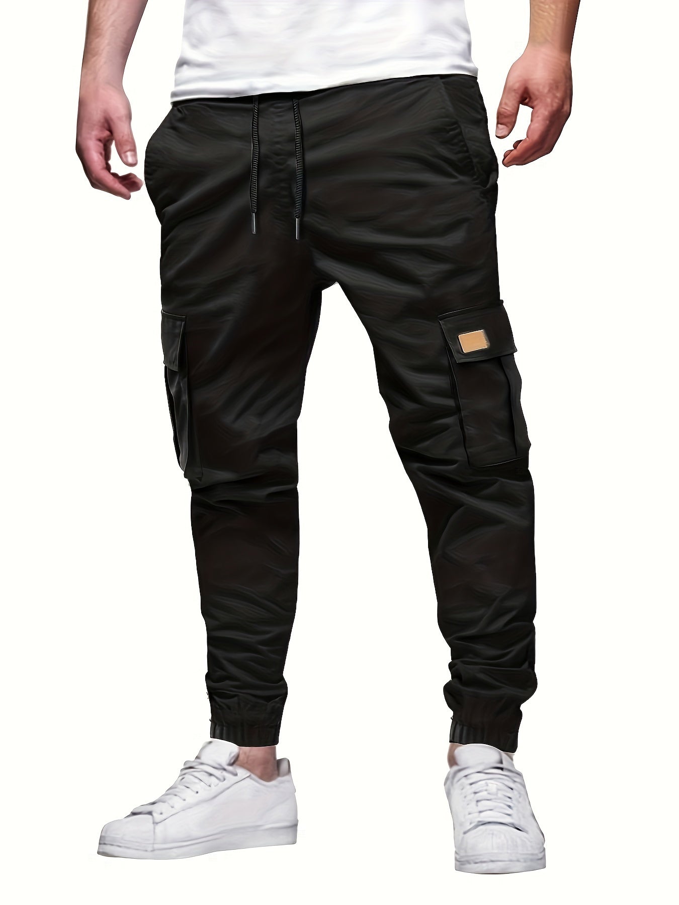 Men'S Fashion Cargo Pants, 100% Polyester Woven Fabric, All-Season Loose Fit with Drawstring Waist, Multi-Pocket Design, Solid Color, Mid Waist, Regular Length, Non-Stretch, Casual Joggers for Weekend - 160g/m²