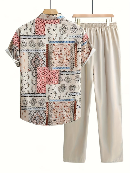 2 հատ ամառային տղամարդու տպագիր վերնաշապիկի և տաբատի հավաքածու, արձակուրդային 2 հատ կոստյում, իդեալական է բացօթյա օգտագործման համար