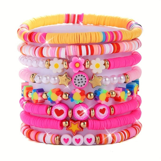 4/8pcs WhimsyLand Polymer Clay Charm Bracelets - Cute Cartoon Style, Adjustable, Handcrafted Flower & Heart Accents, Ideal for Daily Wear, Gifts, Valentine's, Music Festivals - Ayq