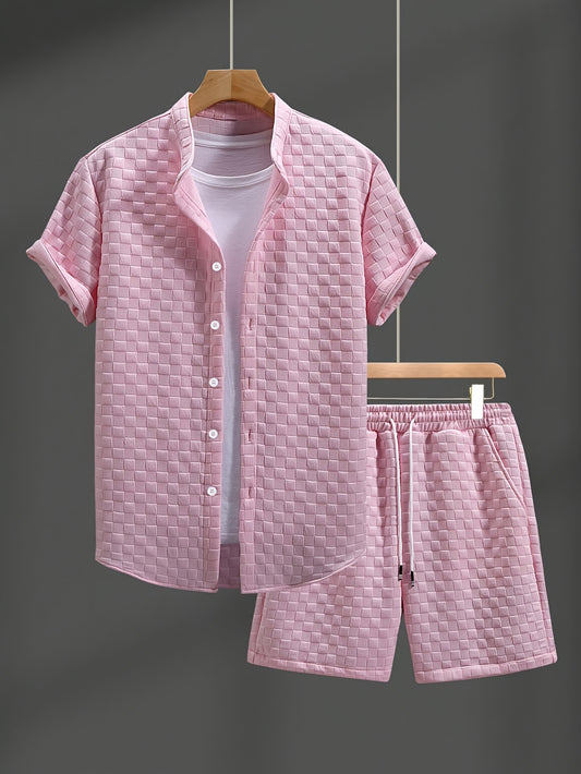 Տղամարդու ամառային կարճ թևքերով վերնաշապիկի և շորտերի հավաքածու - բաց կապույտ, կոճակներով, պոլիեսթեր, իդեալական է ամենօրյա հագուստի, երեկույթների և բացօթյա գործունեության համար, ամառային ամենօրյա հագուստ | Կարճ թևքերով վերնաշապիկ | Պոլիեսթերային գործվածք