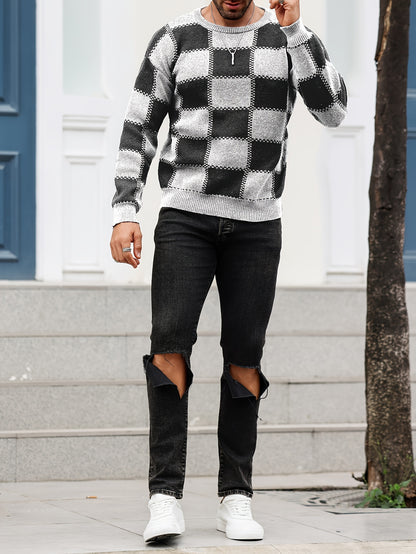 Տղամարդկանց գունաբլոկինգ տեքստուրային պրինտ, պատահական թրենդային սվիտեր, երկարաթև պուլովեր՝ որպես նվեր աշնան և ձմռան համար