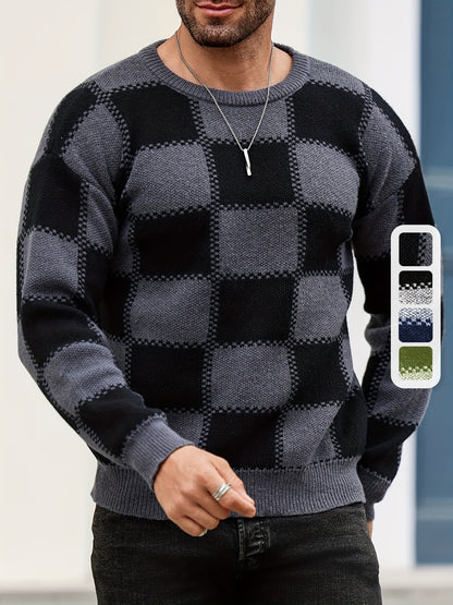 Տղամարդկանց գունաբլոկինգ տեքստուրային պրինտ, պատահական թրենդային սվիտեր, երկարաթև պուլովեր՝ որպես նվեր աշնան և ձմռան համար