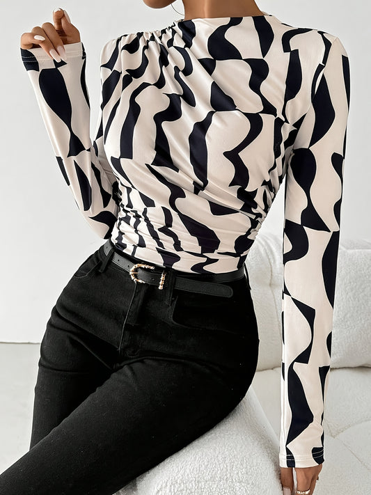 Կանացի շքեղ ասիմետրիկ երկրաչափական նախշերով ծալքավոր եզրերով շապիկ - բարձր վզնոցով, նեղ չափսերով, սև-սպիտակ դիզայնով, իդեալական է գարուն/ամառ/աշուն համար, բազմակողմանի նորաձևության իր | նեղ չափսերով վերնաշապիկ | փայլուն հյուսվածք